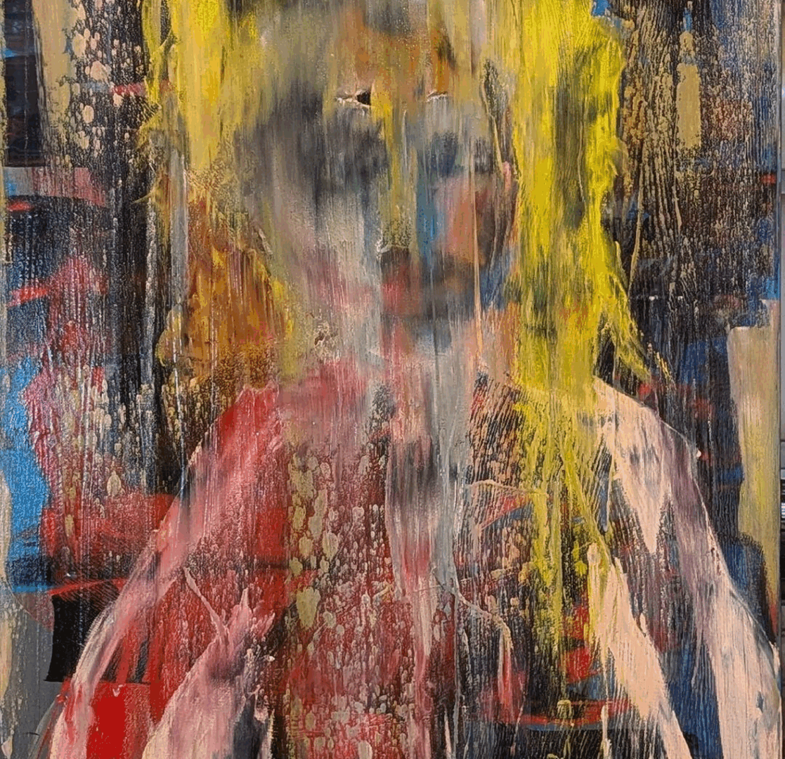 Abstract painting with blurred, colorful portrait.