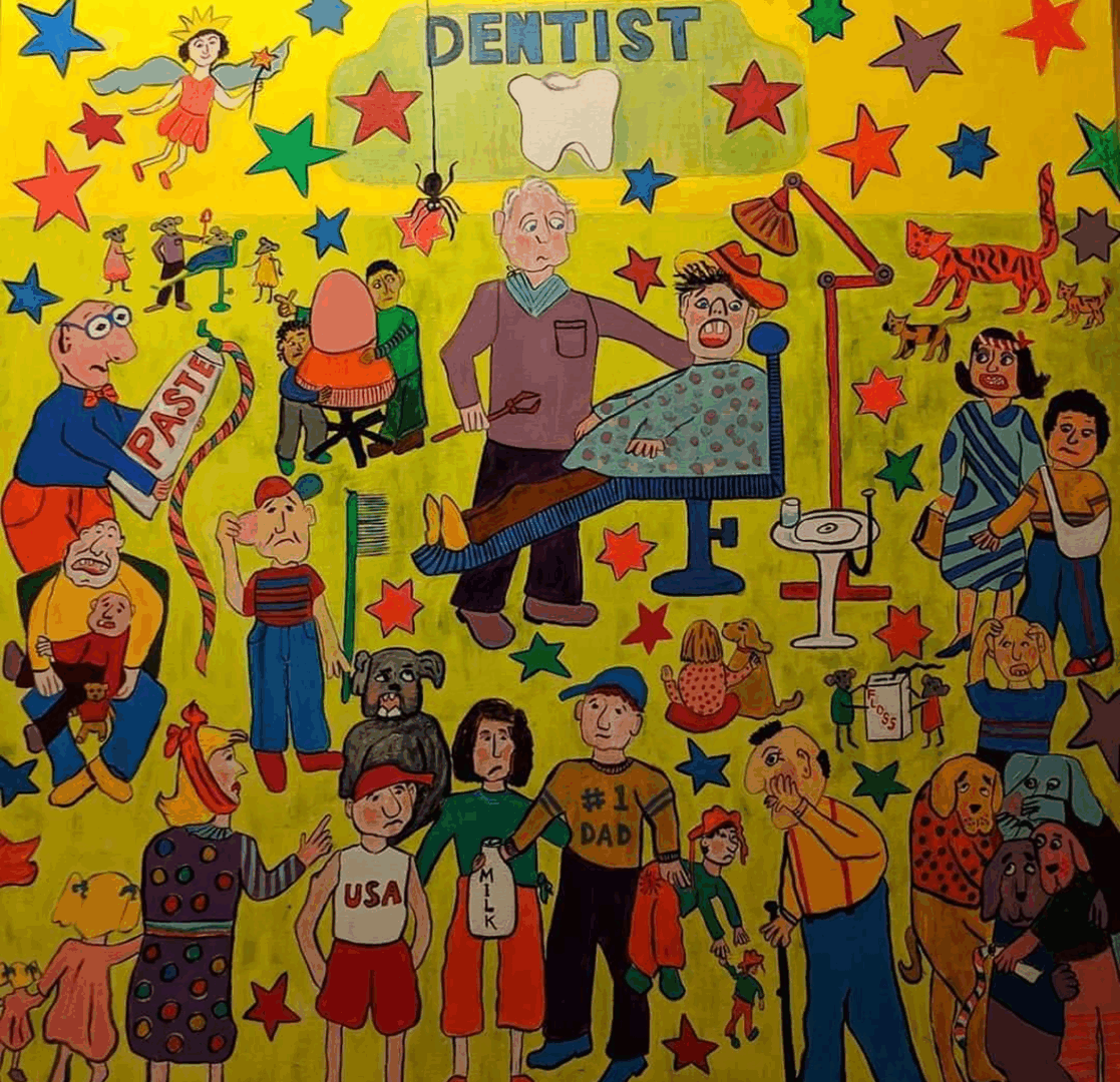 Colorful cartoon dentist office scene illustration.