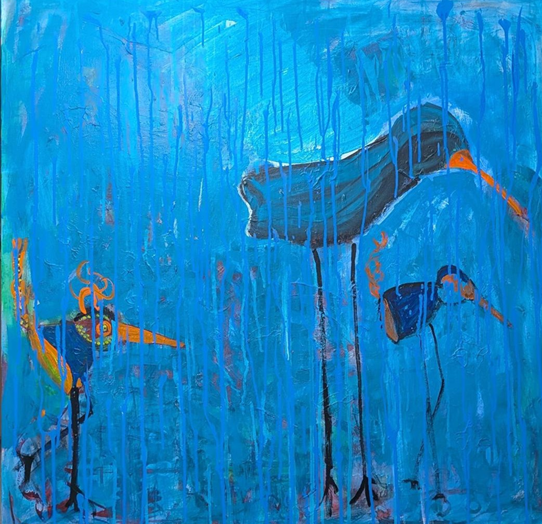 Abstract blue painting with stylized birds.