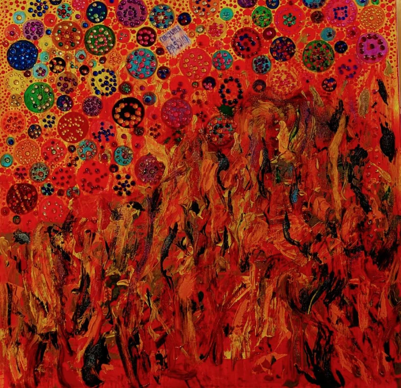 Colorful abstract painting with vibrant circular patterns.