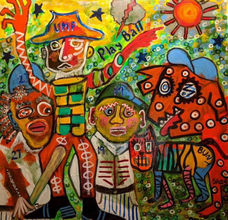 Colorful abstract painting of baseball players.